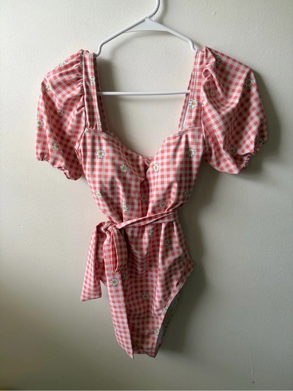 Pink Gingham Daisy Puff-Sleeve One-Piece Swimsuit - Picture 3 of 4